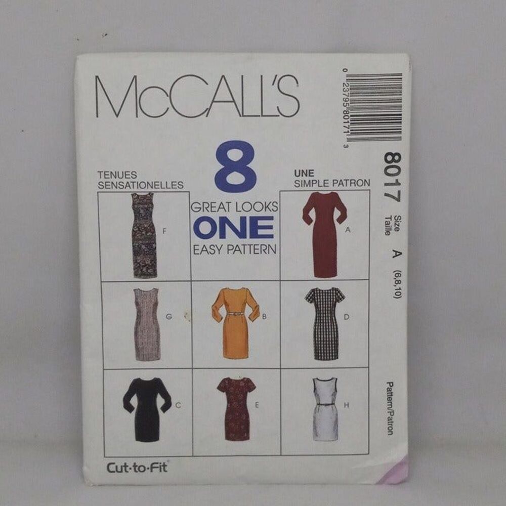McCalls Sewing Pattern 8017-8 in 1 Pattern-Size 6-8-10-Shift Dress-Uncut-F/F-Vtg